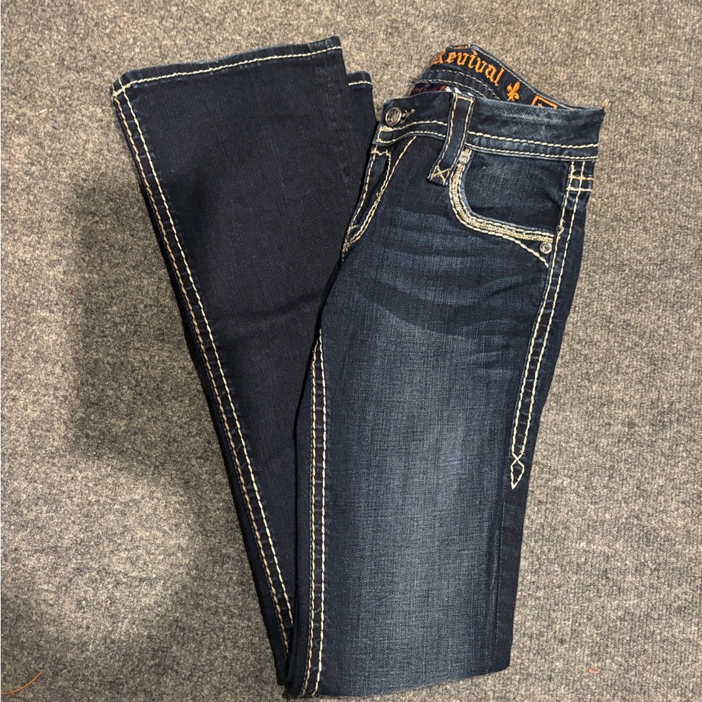 Boho Chic Western Rock Revival Dark Wash Sherry Boot Cut Y2K Jeans - Picture 4 of 6